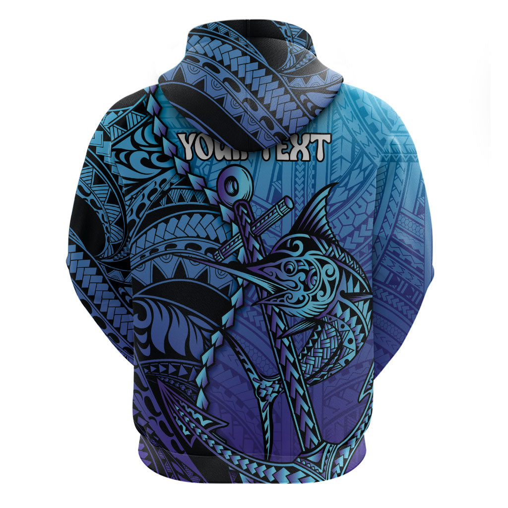 Personalised Polynesia Blue Marlin Fishing Zip Hoodie Marlin Anchor Tattoo Polynesian Pattern