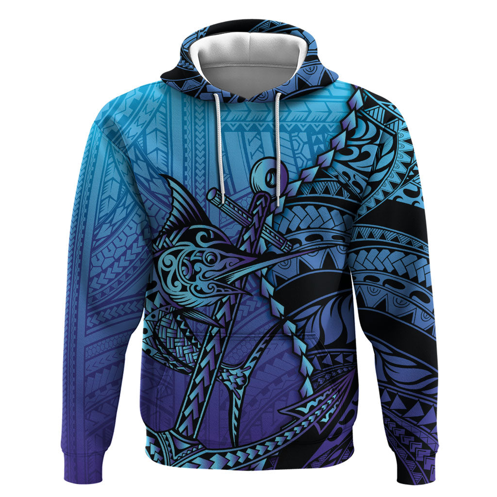 Personalised Polynesia Blue Marlin Fishing Zip Hoodie Marlin Anchor Tattoo Polynesian Pattern