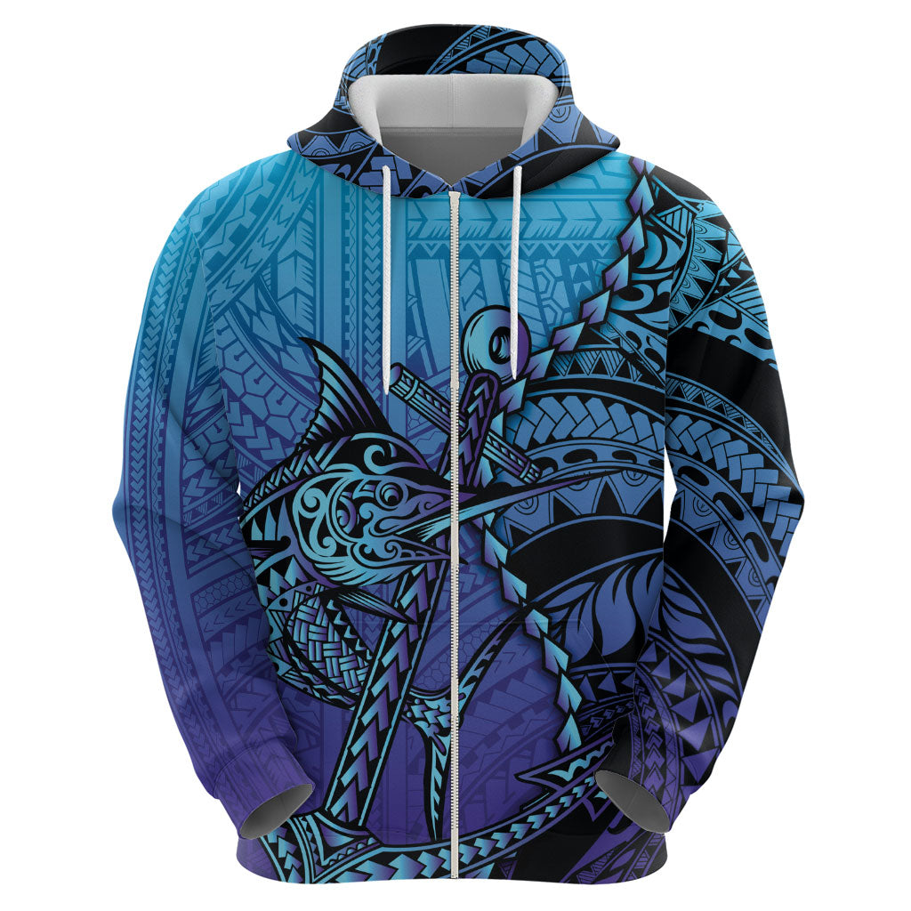 Personalised Polynesia Blue Marlin Fishing Zip Hoodie Marlin Anchor Tattoo Polynesian Pattern