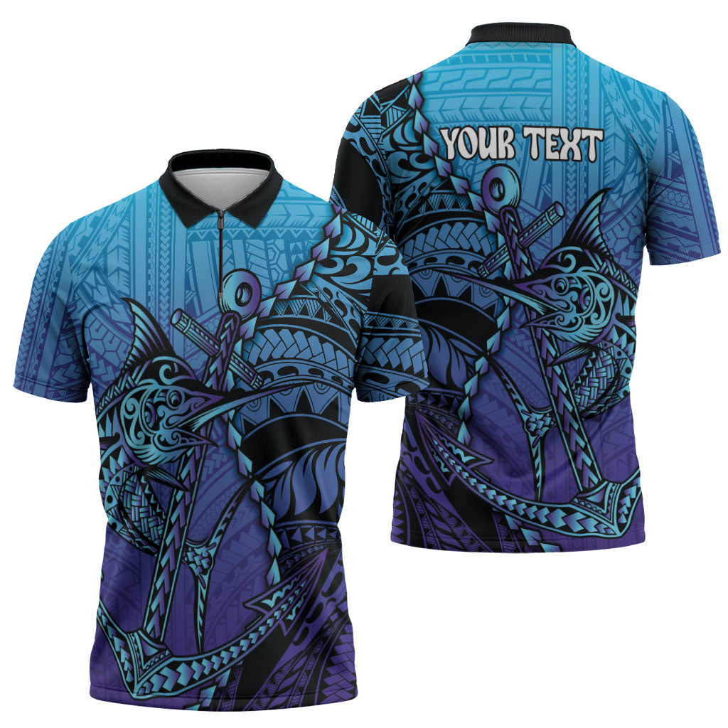 Personalised Polynesia Blue Marlin Fishing Zipper Polo Shirt Marlin Anchor Tattoo Polynesian Pattern LT14 - Polynesian Pride