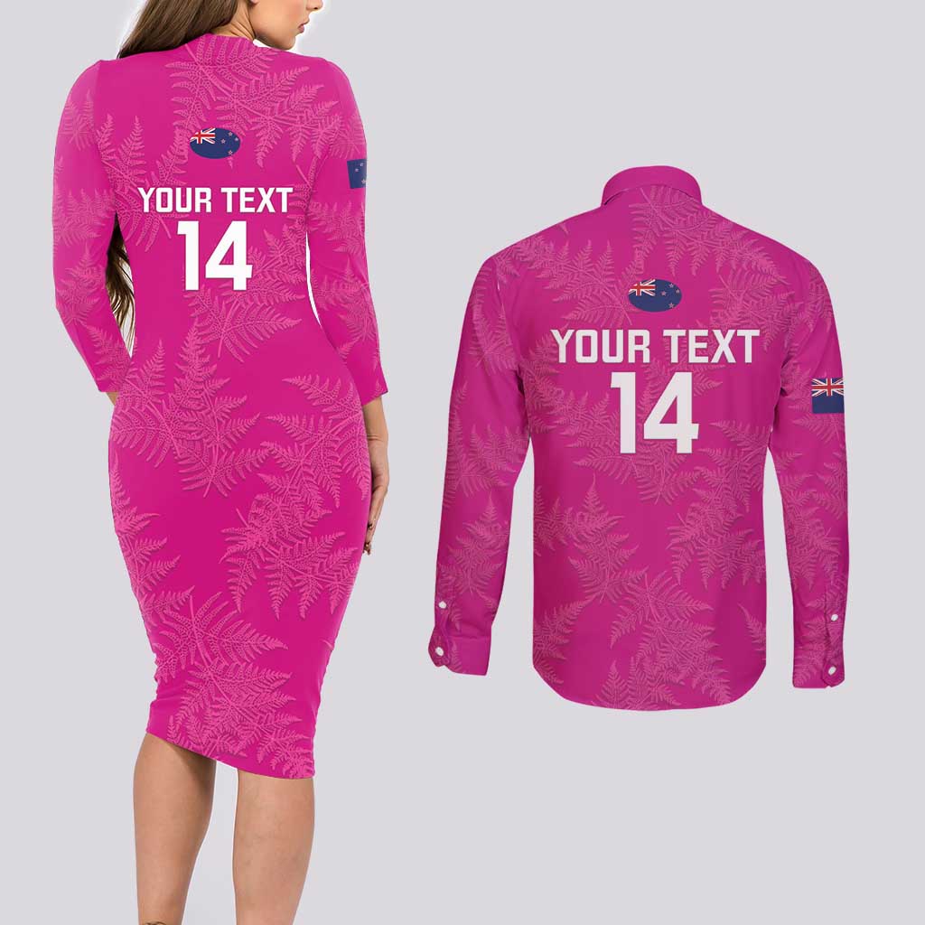 Custom New Zealand Silver Fern Rugby Couples Matching Long Sleeve Bodycon Dress and Long Sleeve Button Shirt Go Aotearoa - Pink Version