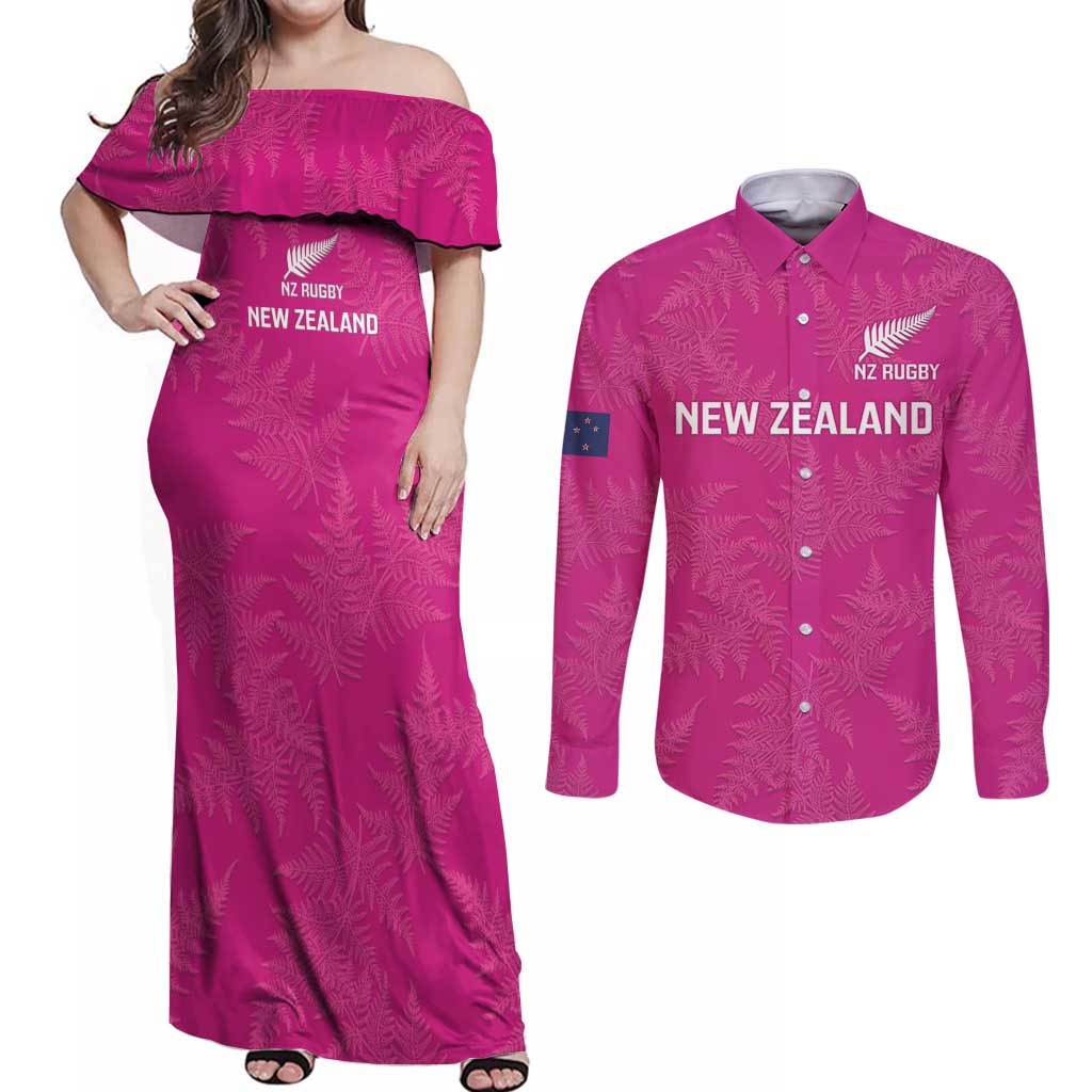 Custom New Zealand Silver Fern Rugby Couples Matching Off Shoulder Maxi Dress and Long Sleeve Button Shirt Go Aotearoa - Pink Version LT14 Pink - Polynesian Pride