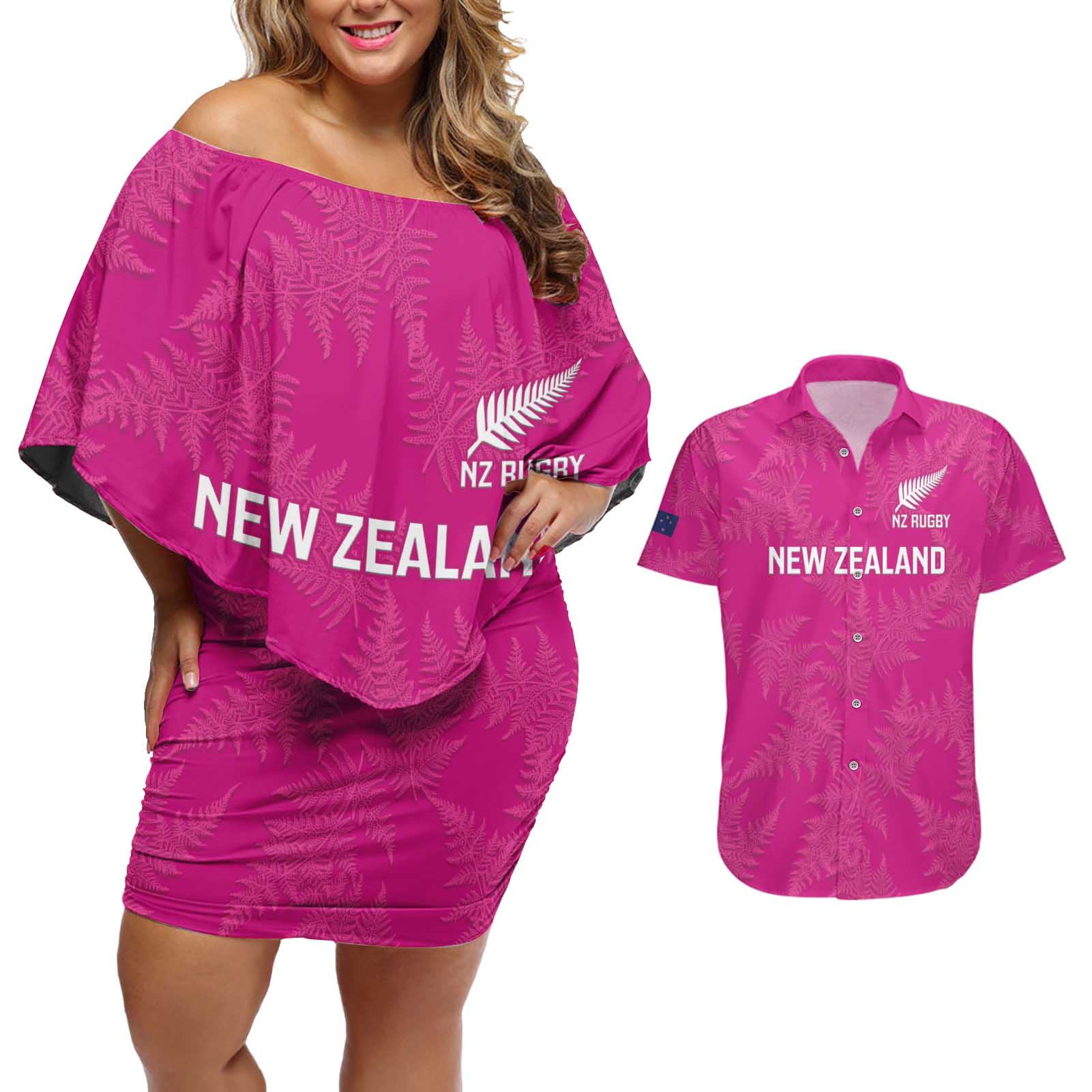 Custom New Zealand Silver Fern Rugby Couples Matching Off Shoulder Short Dress and Hawaiian Shirt Go Aotearoa - Pink Version
