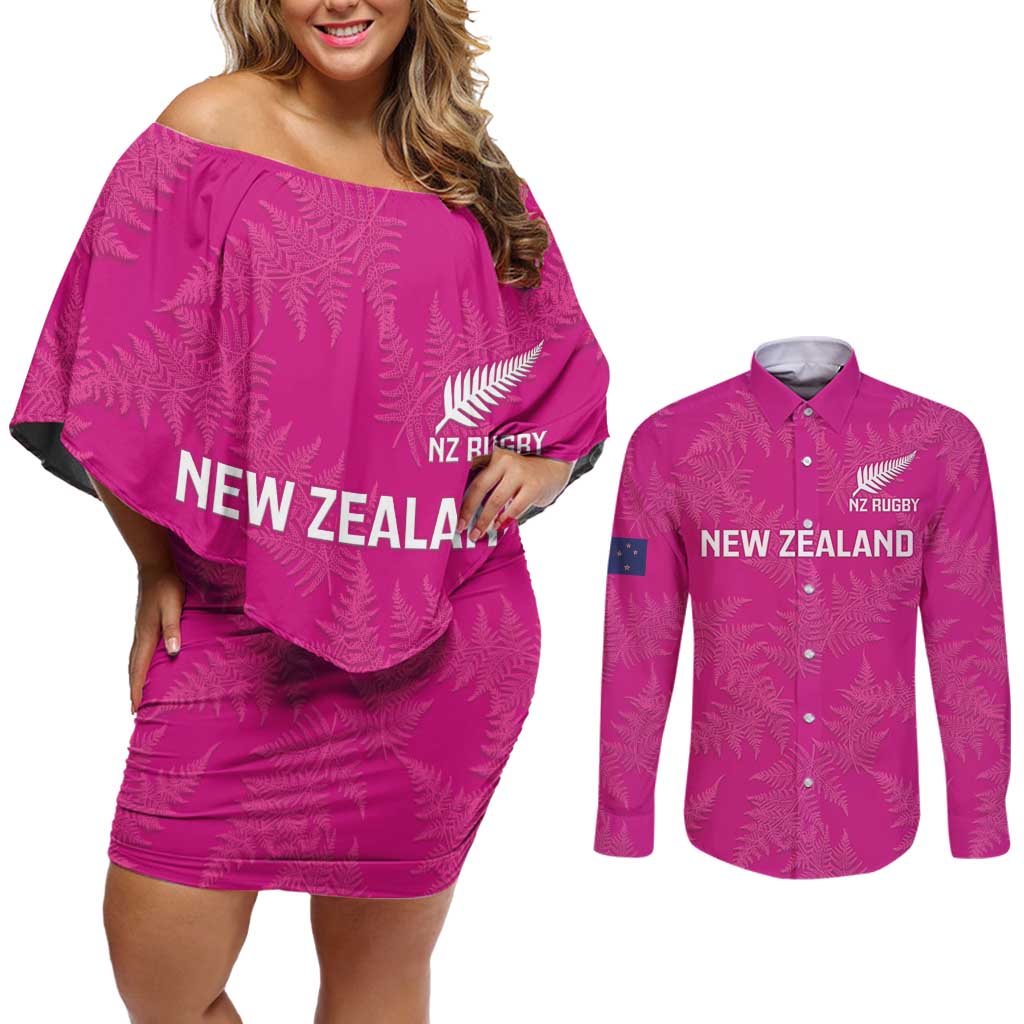 Custom New Zealand Silver Fern Rugby Couples Matching Off Shoulder Short Dress and Long Sleeve Button Shirt Go Aotearoa - Pink Version LT14 Pink - Polynesian Pride