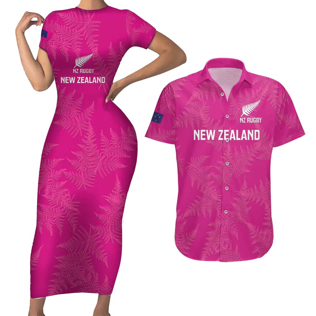 Custom New Zealand Silver Fern Rugby Couples Matching Short Sleeve Bodycon Dress and Hawaiian Shirt Go Aotearoa - Pink Version LT14 Pink - Polynesian Pride
