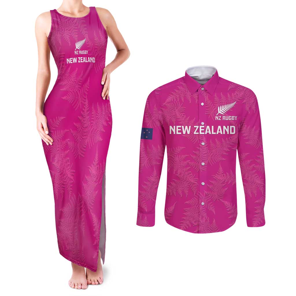 Custom New Zealand Silver Fern Rugby Couples Matching Tank Maxi Dress and Long Sleeve Button Shirt Go Aotearoa - Pink Version LT14 Pink - Polynesian Pride