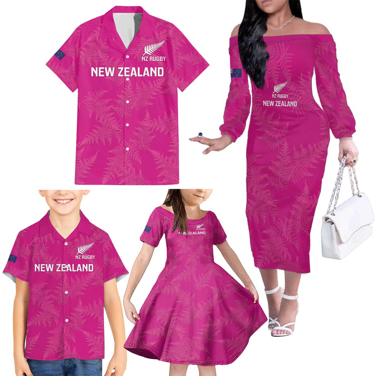Custom New Zealand Silver Fern Rugby Family Matching Off The Shoulder Long Sleeve Dress and Hawaiian Shirt Go Aotearoa - Pink Version LT14 - Polynesian Pride