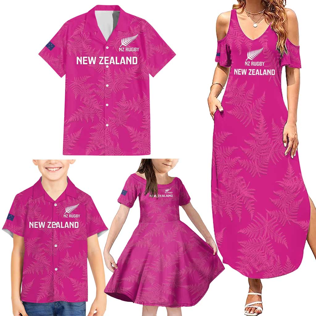 Custom New Zealand Silver Fern Rugby Family Matching Summer Maxi Dress and Hawaiian Shirt Go Aotearoa - Pink Version