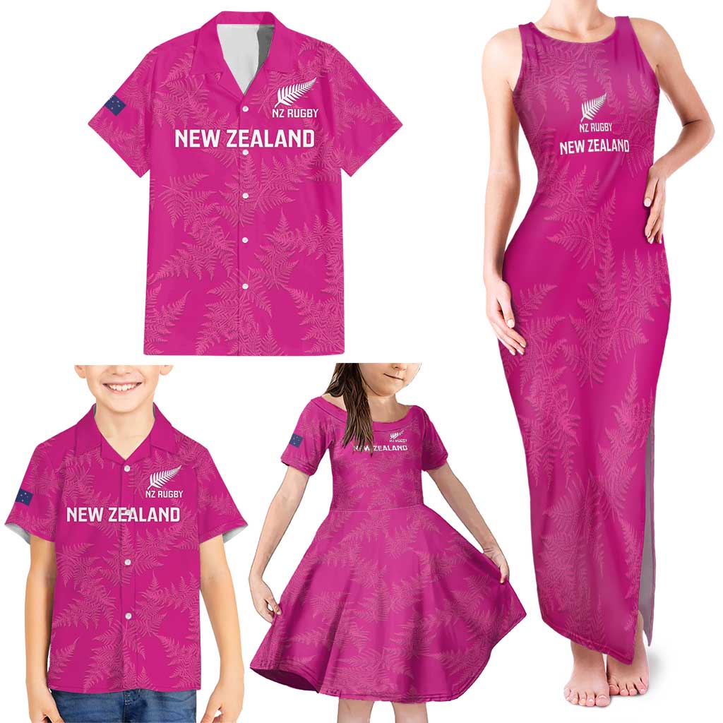 Custom New Zealand Silver Fern Rugby Family Matching Tank Maxi Dress and Hawaiian Shirt Go Aotearoa - Pink Version