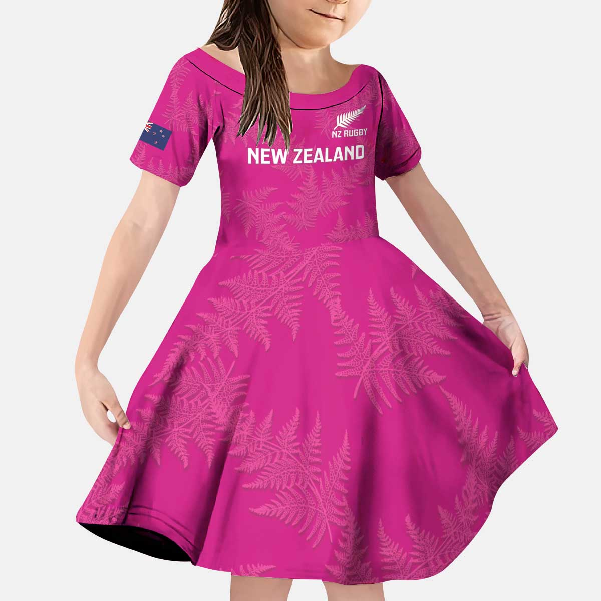 Custom New Zealand Silver Fern Rugby Kid Short Sleeve Dress Go Aotearoa - Pink Version