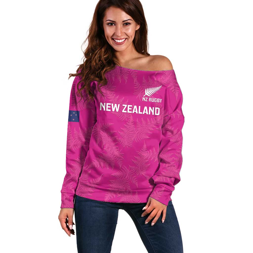 Custom New Zealand Silver Fern Rugby Off Shoulder Sweater Go Aotearoa - Pink Version