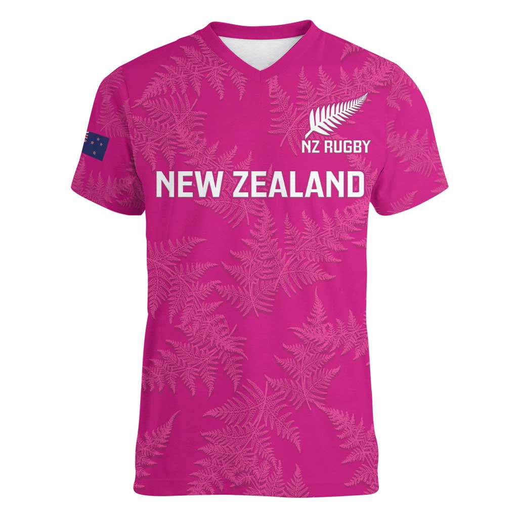 Custom New Zealand Silver Fern Rugby Women V-Neck T-Shirt Go Aotearoa - Pink Version