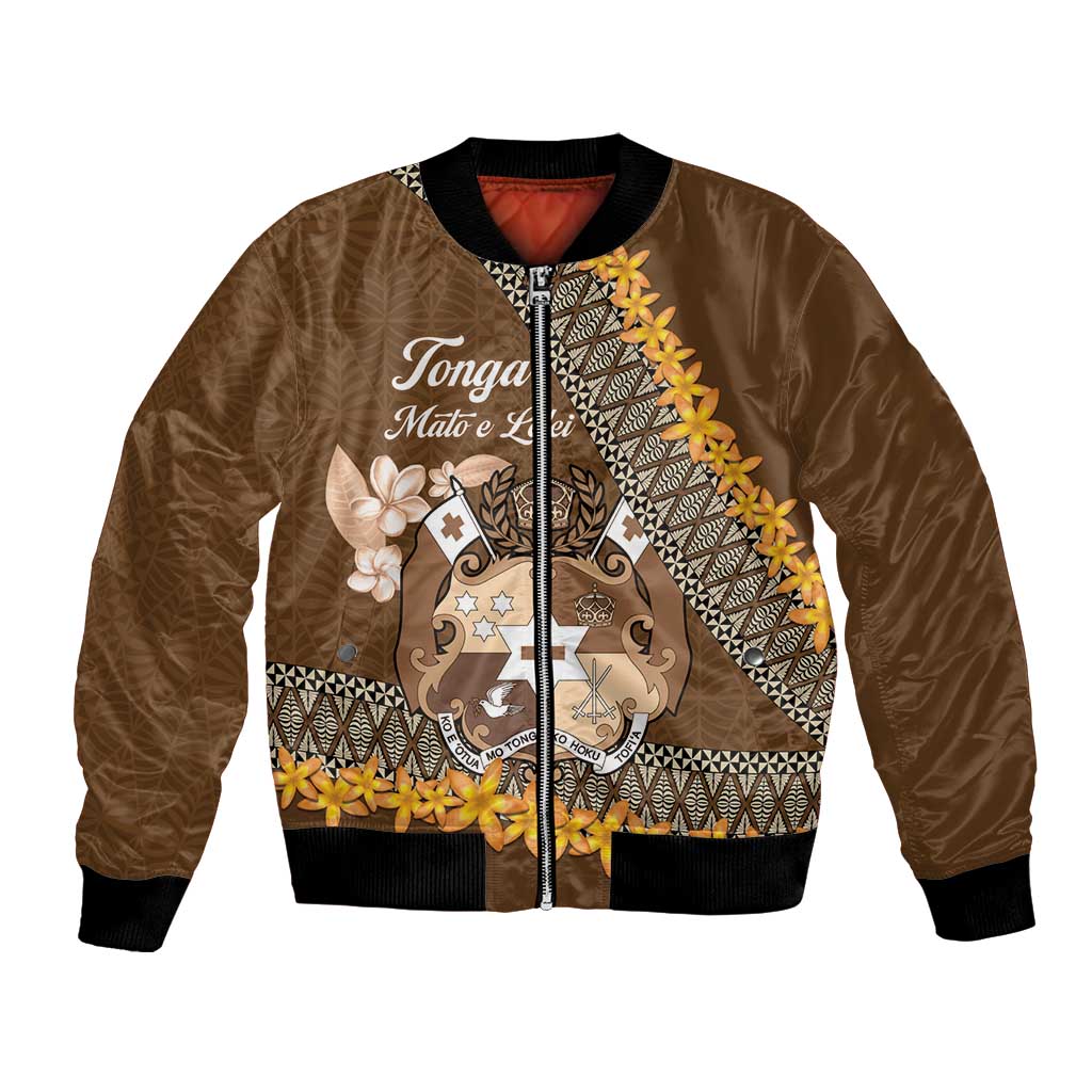 Personalised Tonga Language Week Bomber Jacket Malo e Lelei Tongan Ngatu Pattern - Brown