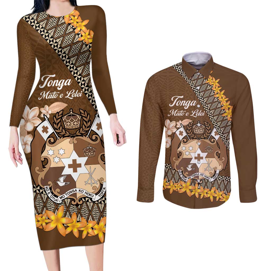 Personalised Tonga Language Week Couples Matching Long Sleeve Bodycon Dress and Long Sleeve Button Shirt Malo e Lelei Tongan Ngatu Pattern - Brown LT14 Brown - Polynesian Pride