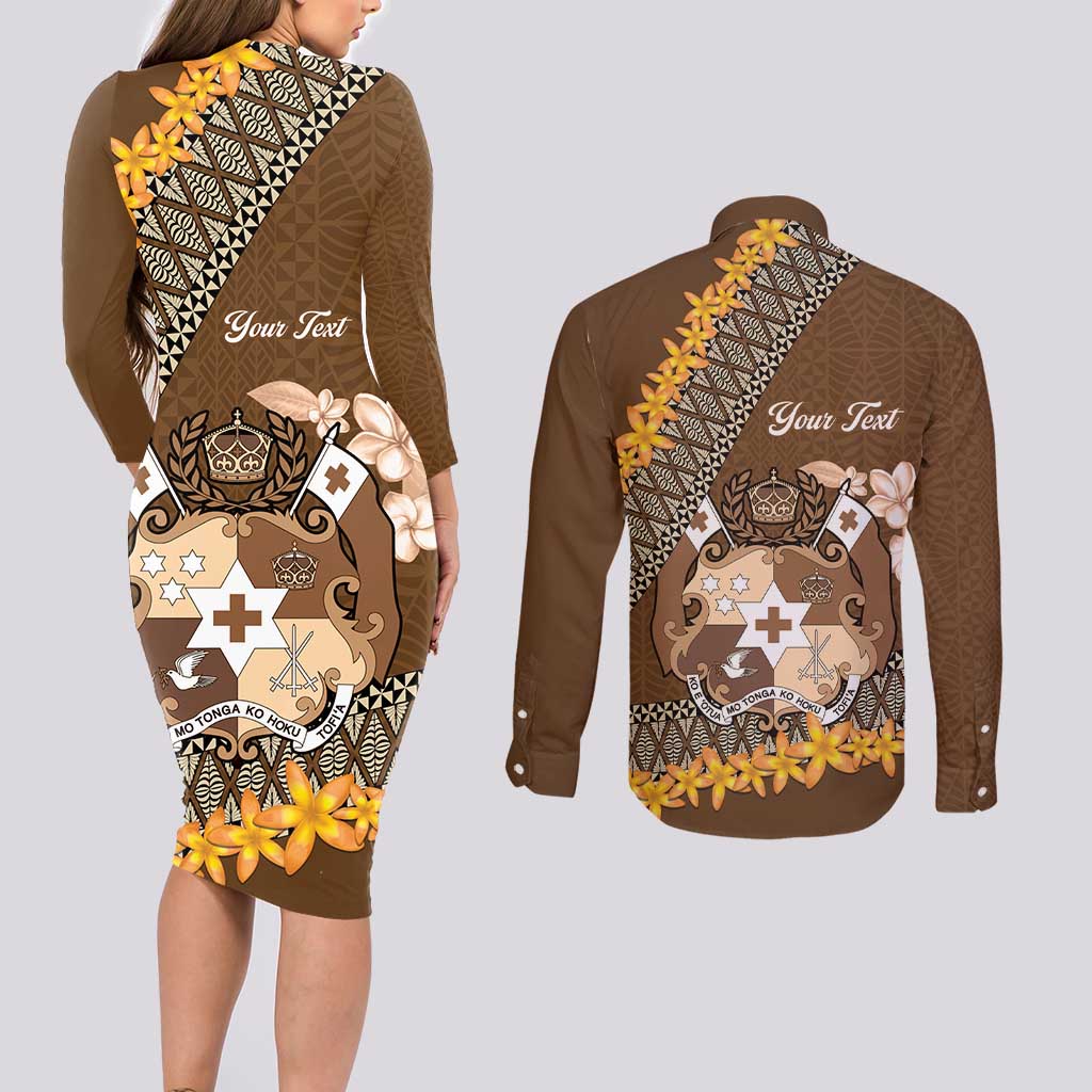 Personalised Tonga Language Week Couples Matching Long Sleeve Bodycon Dress and Long Sleeve Button Shirt Malo e Lelei Tongan Ngatu Pattern - Brown LT14 - Polynesian Pride