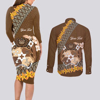 Personalised Tonga Language Week Couples Matching Long Sleeve Bodycon Dress and Long Sleeve Button Shirt Malo e Lelei Tongan Ngatu Pattern - Brown LT14 - Polynesian Pride