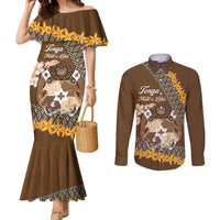 Personalised Tonga Language Week Couples Matching Mermaid Dress and Long Sleeve Button Shirt Malo e Lelei Tongan Ngatu Pattern - Brown LT14 Brown - Polynesian Pride