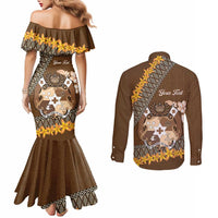 Personalised Tonga Language Week Couples Matching Mermaid Dress and Long Sleeve Button Shirt Malo e Lelei Tongan Ngatu Pattern - Brown LT14 - Polynesian Pride