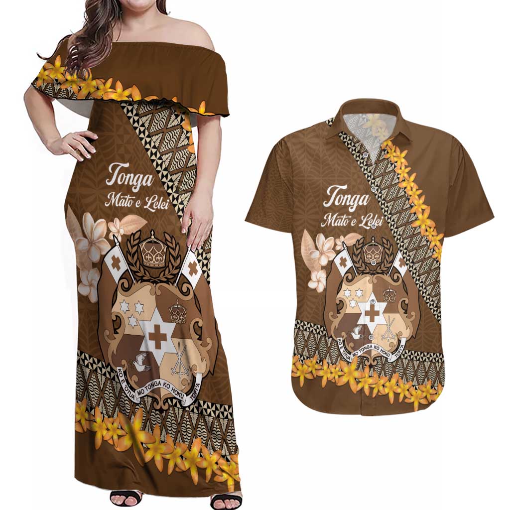 Personalised Tonga Language Week Couples Matching Off Shoulder Maxi Dress and Hawaiian Shirt Malo e Lelei Tongan Ngatu Pattern - Brown