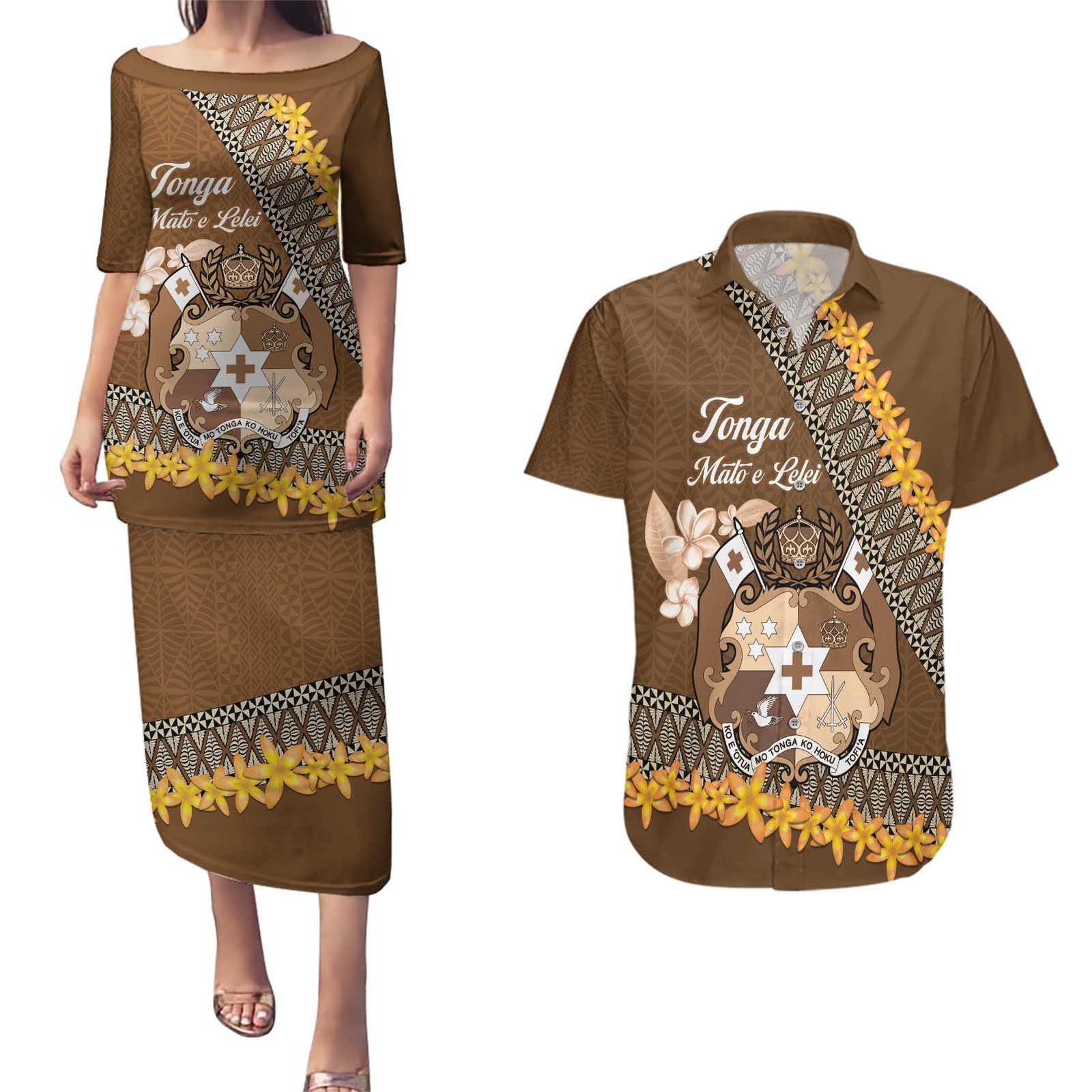 Personalised Tonga Language Week Couples Matching Puletasi and Hawaiian Shirt Malo e Lelei Tongan Ngatu Pattern - Brown LT14 Brown - Polynesian Pride