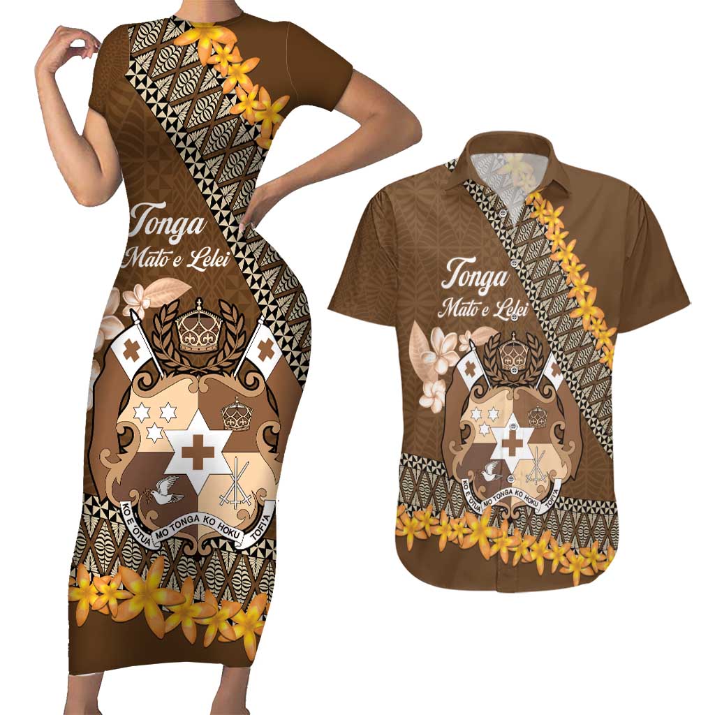 Personalised Tonga Language Week Couples Matching Short Sleeve Bodycon Dress and Hawaiian Shirt Malo e Lelei Tongan Ngatu Pattern - Brown