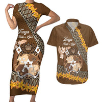 Personalised Tonga Language Week Couples Matching Short Sleeve Bodycon Dress and Hawaiian Shirt Malo e Lelei Tongan Ngatu Pattern - Brown LT14 Brown - Polynesian Pride