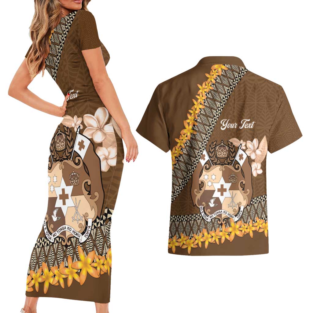 Personalised Tonga Language Week Couples Matching Short Sleeve Bodycon Dress and Hawaiian Shirt Malo e Lelei Tongan Ngatu Pattern - Brown LT14 - Polynesian Pride