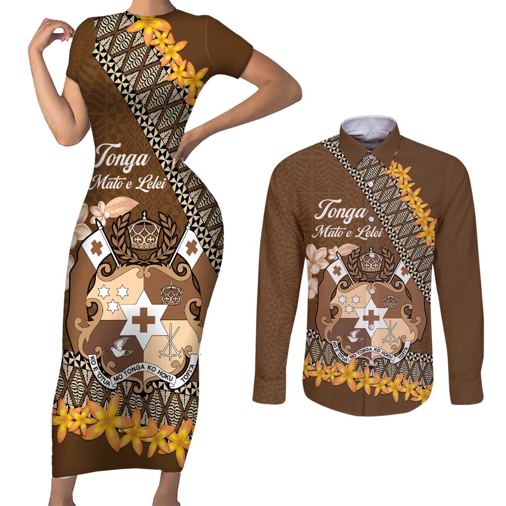 Personalised Tonga Language Week Couples Matching Short Sleeve Bodycon Dress and Long Sleeve Button Shirt Malo e Lelei Tongan Ngatu Pattern - Brown