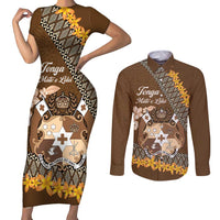 Personalised Tonga Language Week Couples Matching Short Sleeve Bodycon Dress and Long Sleeve Button Shirt Malo e Lelei Tongan Ngatu Pattern - Brown LT14 Brown - Polynesian Pride