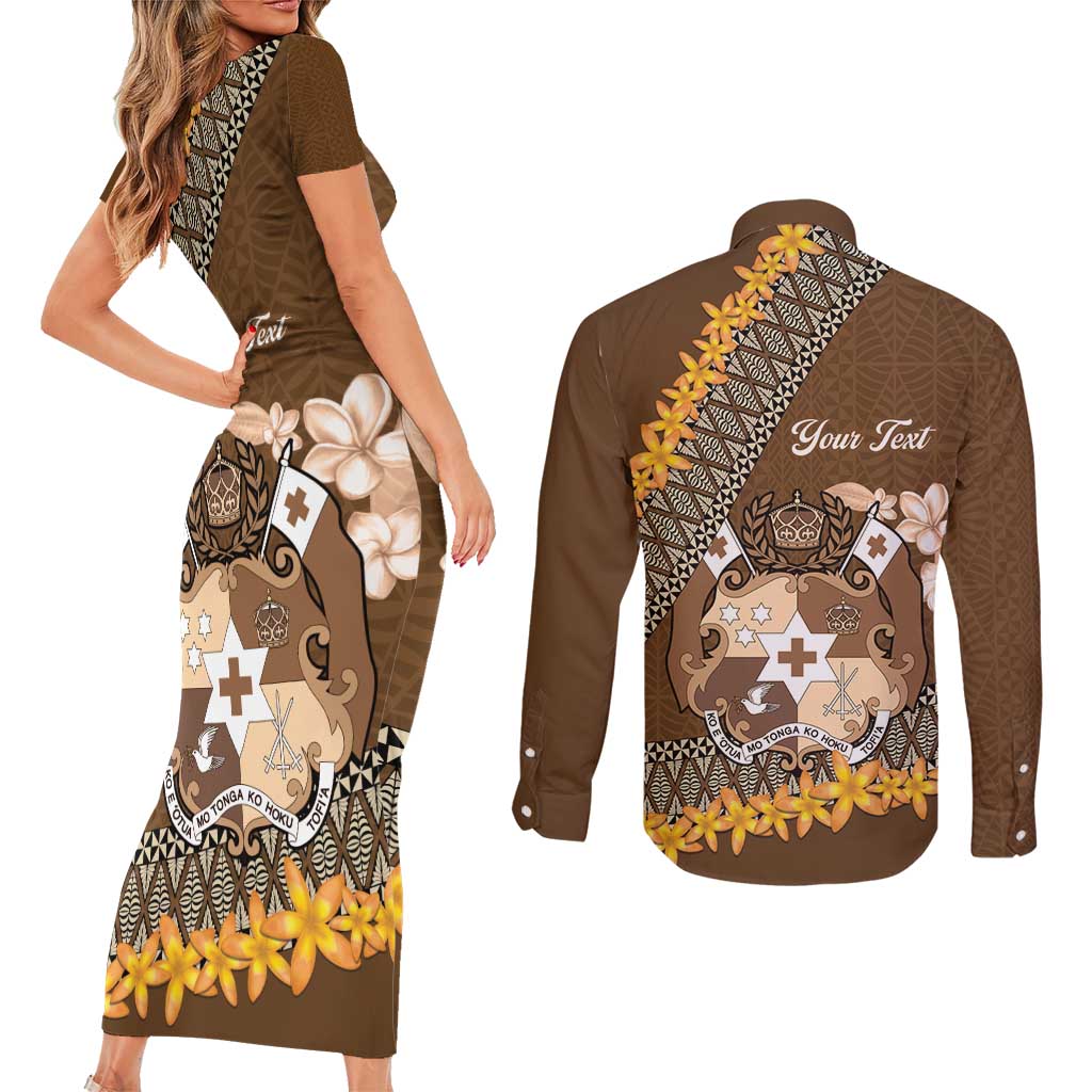 Personalised Tonga Language Week Couples Matching Short Sleeve Bodycon Dress and Long Sleeve Button Shirt Malo e Lelei Tongan Ngatu Pattern - Brown LT14 - Polynesian Pride