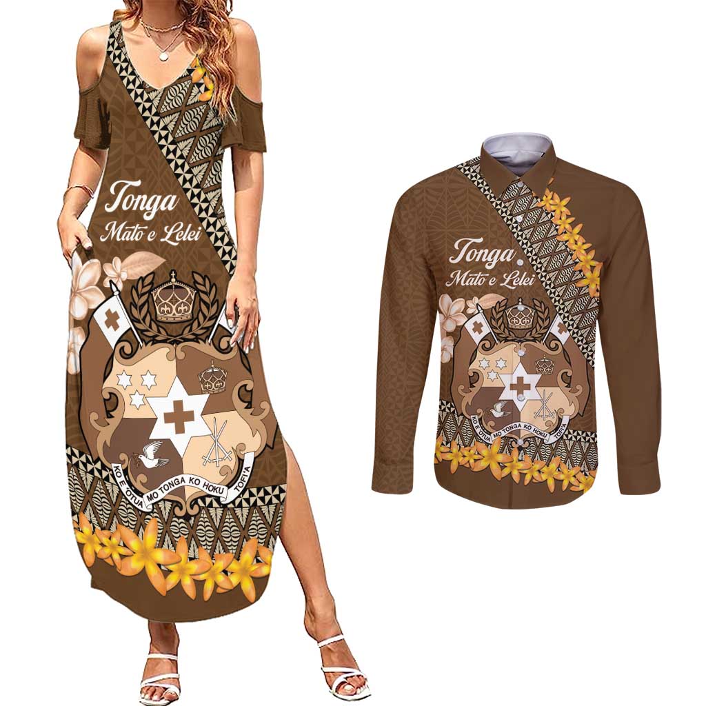 Personalised Tonga Language Week Couples Matching Summer Maxi Dress and Long Sleeve Button Shirt Malo e Lelei Tongan Ngatu Pattern - Brown LT14 Brown - Polynesian Pride