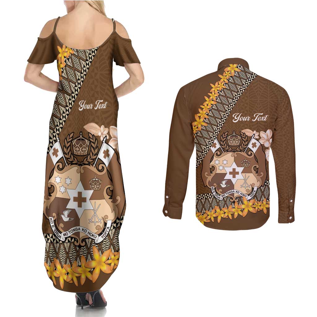 Personalised Tonga Language Week Couples Matching Summer Maxi Dress and Long Sleeve Button Shirt Malo e Lelei Tongan Ngatu Pattern - Brown LT14 - Polynesian Pride