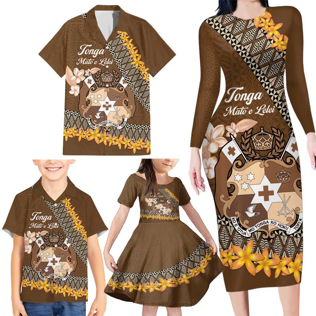 Personalised Tonga Language Week Family Matching Long Sleeve Bodycon Dress and Hawaiian Shirt Malo e Lelei Tongan Ngatu Pattern - Brown