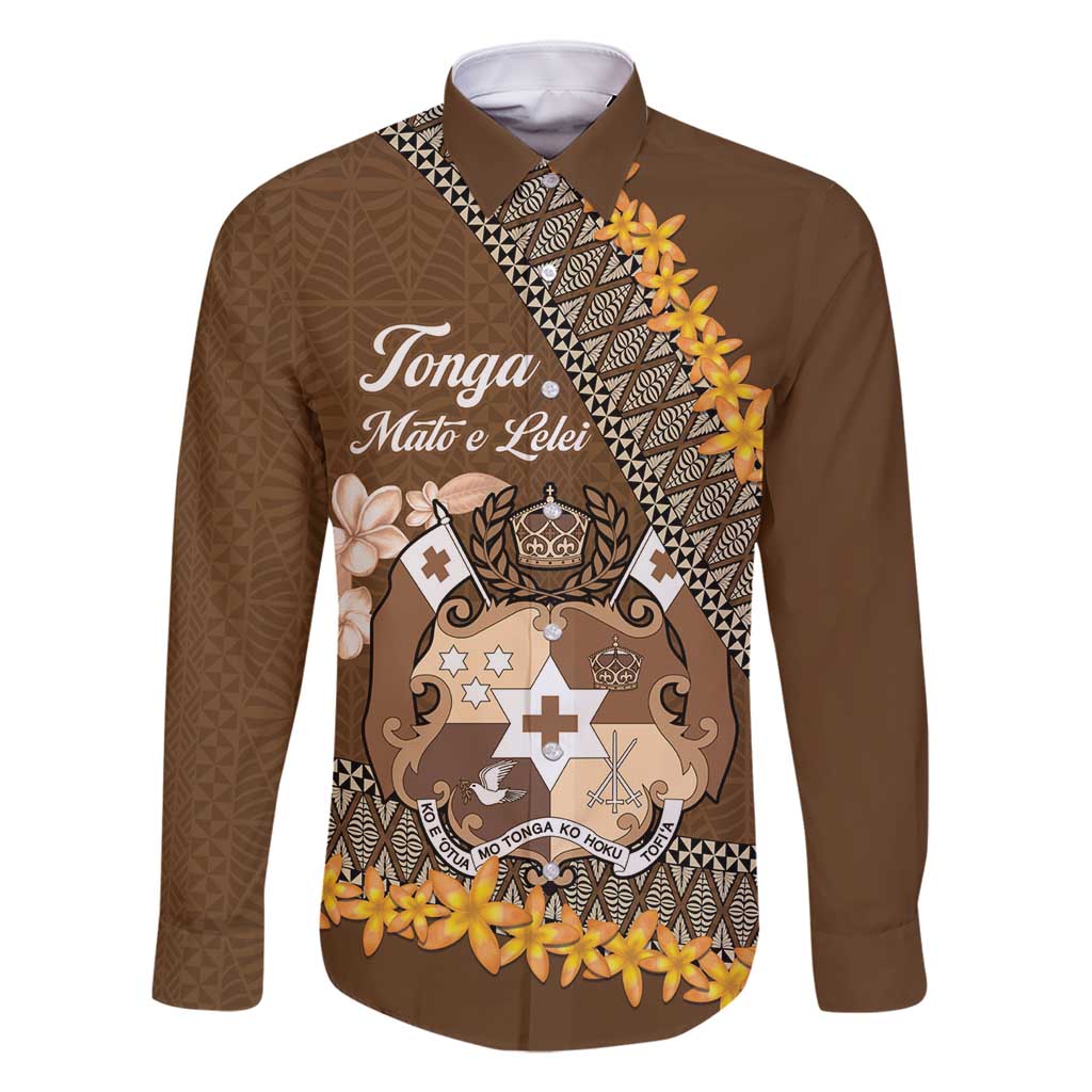 Personalised Tonga Language Week Family Matching Long Sleeve Bodycon Dress and Hawaiian Shirt Malo e Lelei Tongan Ngatu Pattern - Brown LT14 Dad's Shirt - Long Sleeve Brown - Polynesian Pride