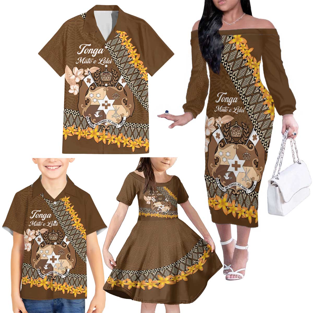 Personalised Tonga Language Week Family Matching Off The Shoulder Long Sleeve Dress and Hawaiian Shirt Malo e Lelei Tongan Ngatu Pattern - Brown