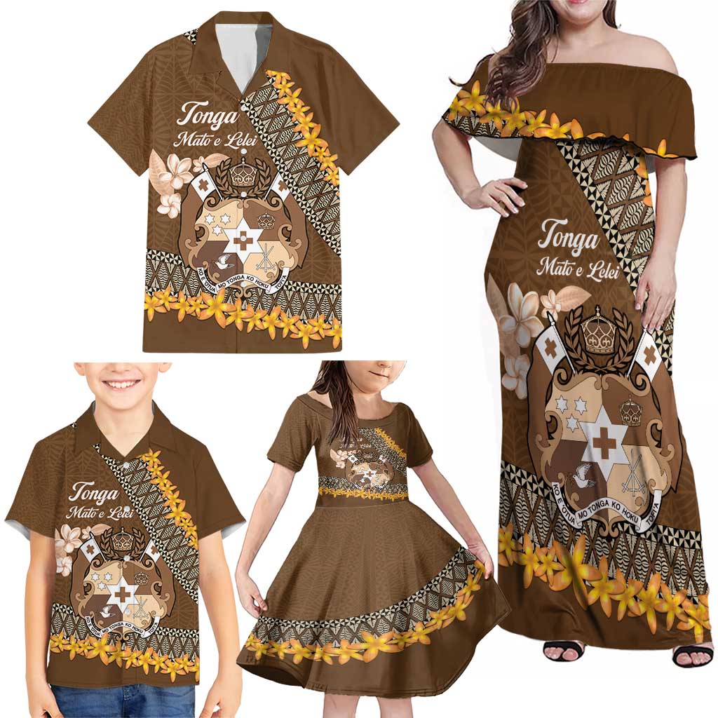 Personalised Tonga Language Week Family Matching Off Shoulder Maxi Dress and Hawaiian Shirt Malo e Lelei Tongan Ngatu Pattern - Brown