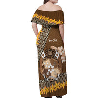 Personalised Tonga Language Week Family Matching Off Shoulder Maxi Dress and Hawaiian Shirt Malo e Lelei Tongan Ngatu Pattern - Brown
