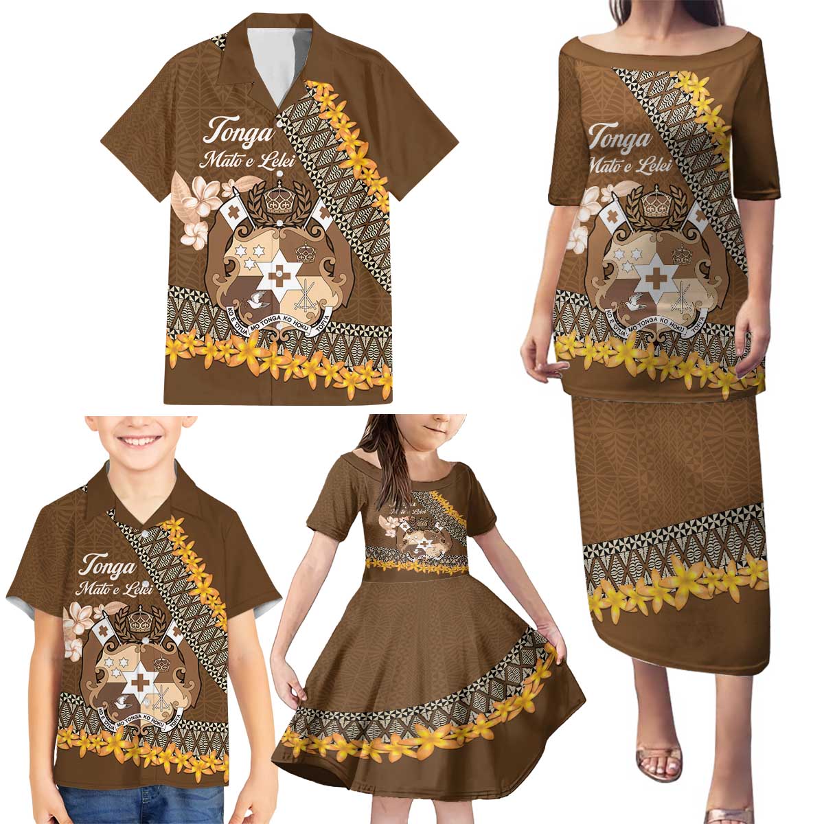 Personalised Tonga Language Week Family Matching Puletasi and Hawaiian Shirt Malo e Lelei Tongan Ngatu Pattern - Brown