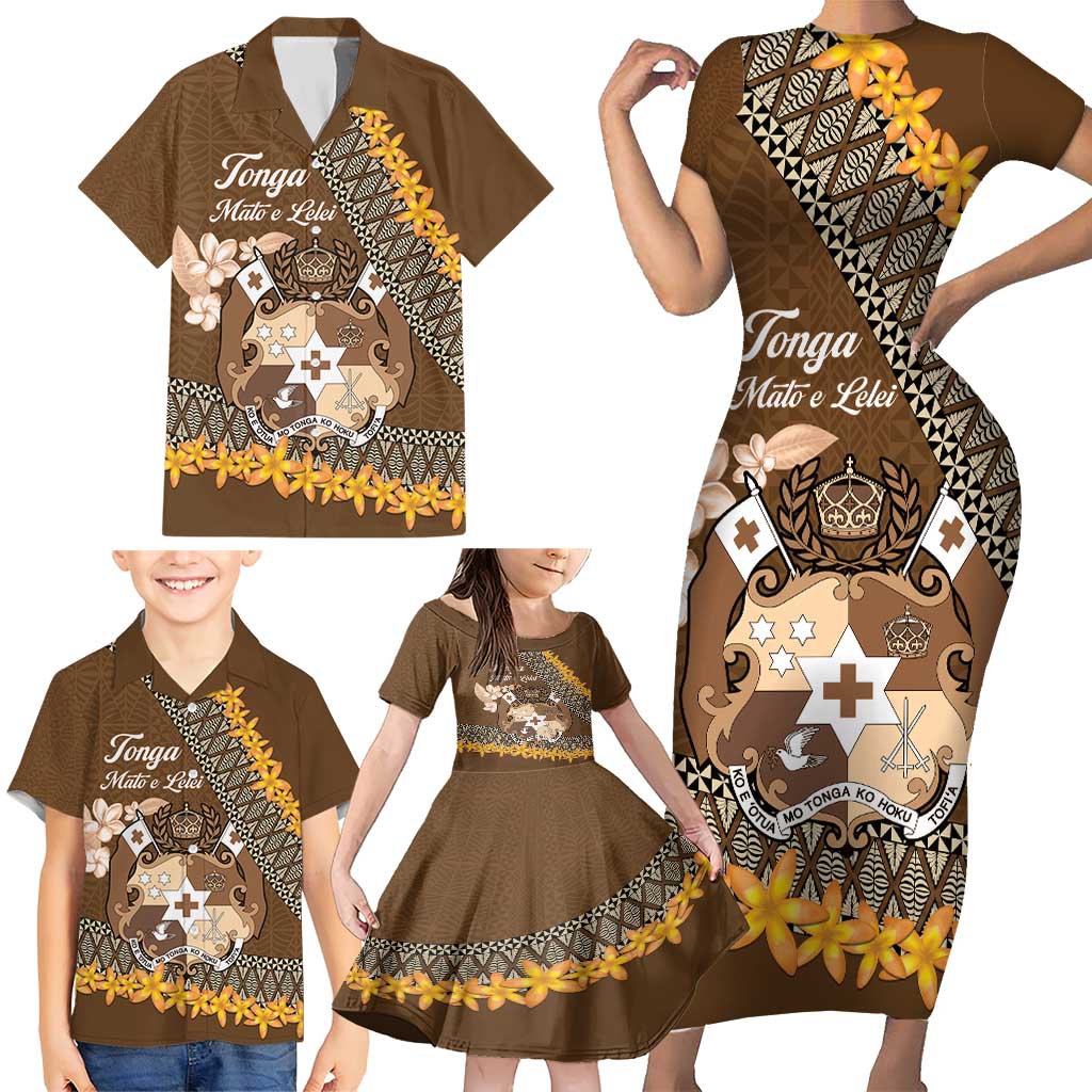 Personalised Tonga Language Week Family Matching Short Sleeve Bodycon Dress and Hawaiian Shirt Malo e Lelei Tongan Ngatu Pattern - Brown