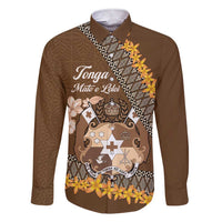 Personalised Tonga Language Week Family Matching Short Sleeve Bodycon Dress and Hawaiian Shirt Malo e Lelei Tongan Ngatu Pattern - Brown LT14 Dad's Shirt - Long Sleeve Brown - Polynesian Pride
