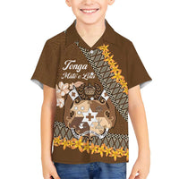 Personalised Tonga Language Week Family Matching Short Sleeve Bodycon Dress and Hawaiian Shirt Malo e Lelei Tongan Ngatu Pattern - Brown LT14 Son's Shirt Brown - Polynesian Pride
