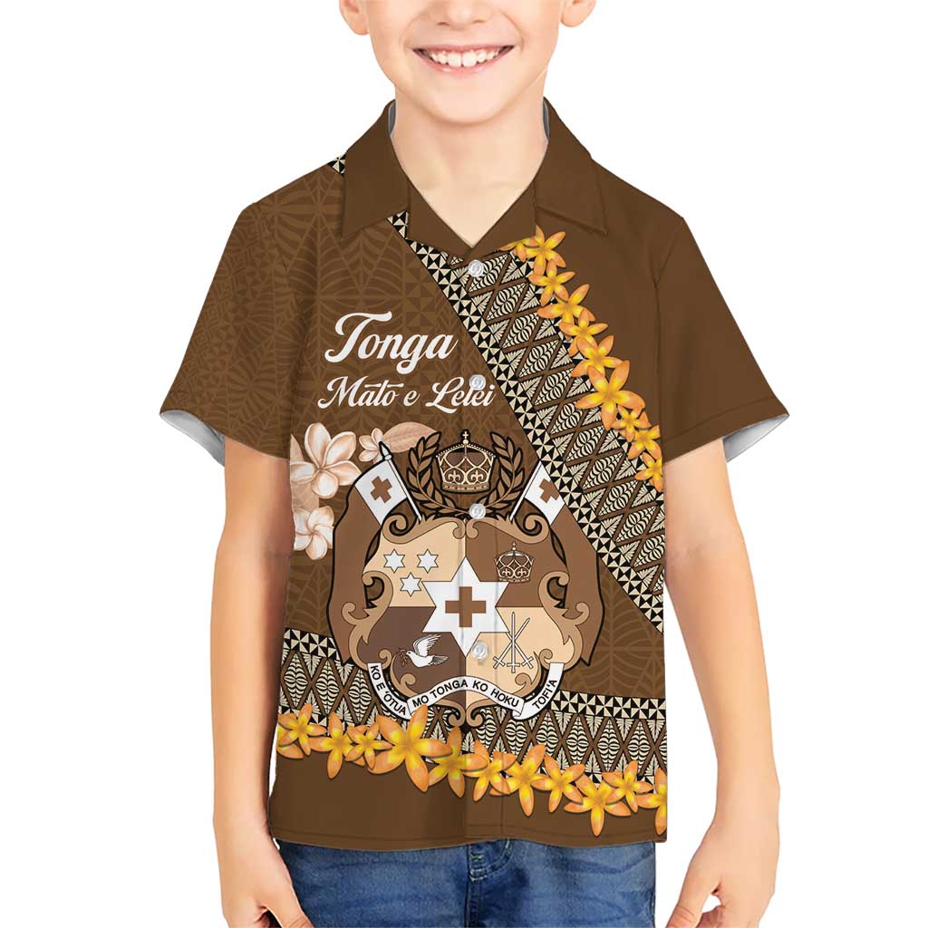 Personalised Tonga Language Week Kid Hawaiian Shirt Malo e Lelei Tongan Ngatu Pattern - Brown