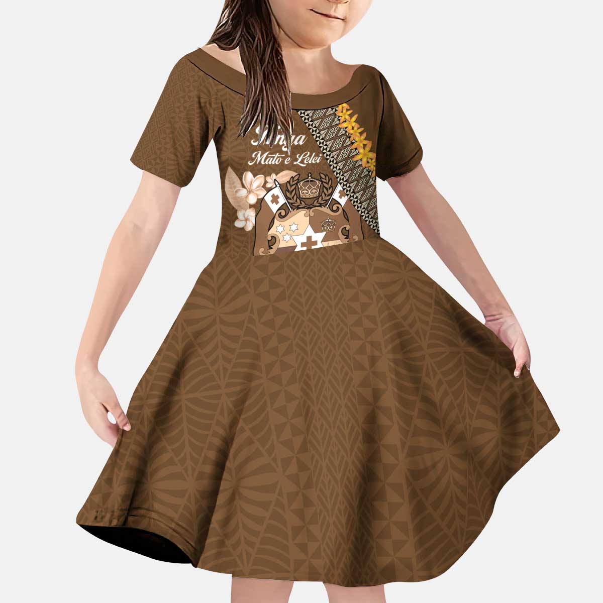 Personalised Tonga Language Week Kid Short Sleeve Dress Malo e Lelei Tongan Ngatu Pattern - Brown