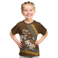 Personalised Tonga Language Week Kid T Shirt Malo e Lelei Tongan Ngatu Pattern - Brown