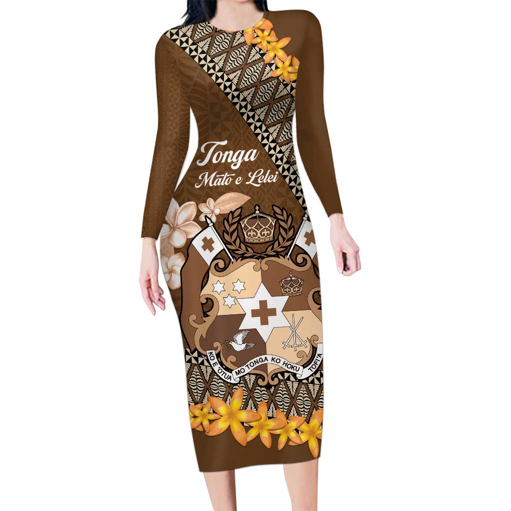 Personalised Tonga Language Week Long Sleeve Bodycon Dress Malo e Lelei Tongan Ngatu Pattern - Brown