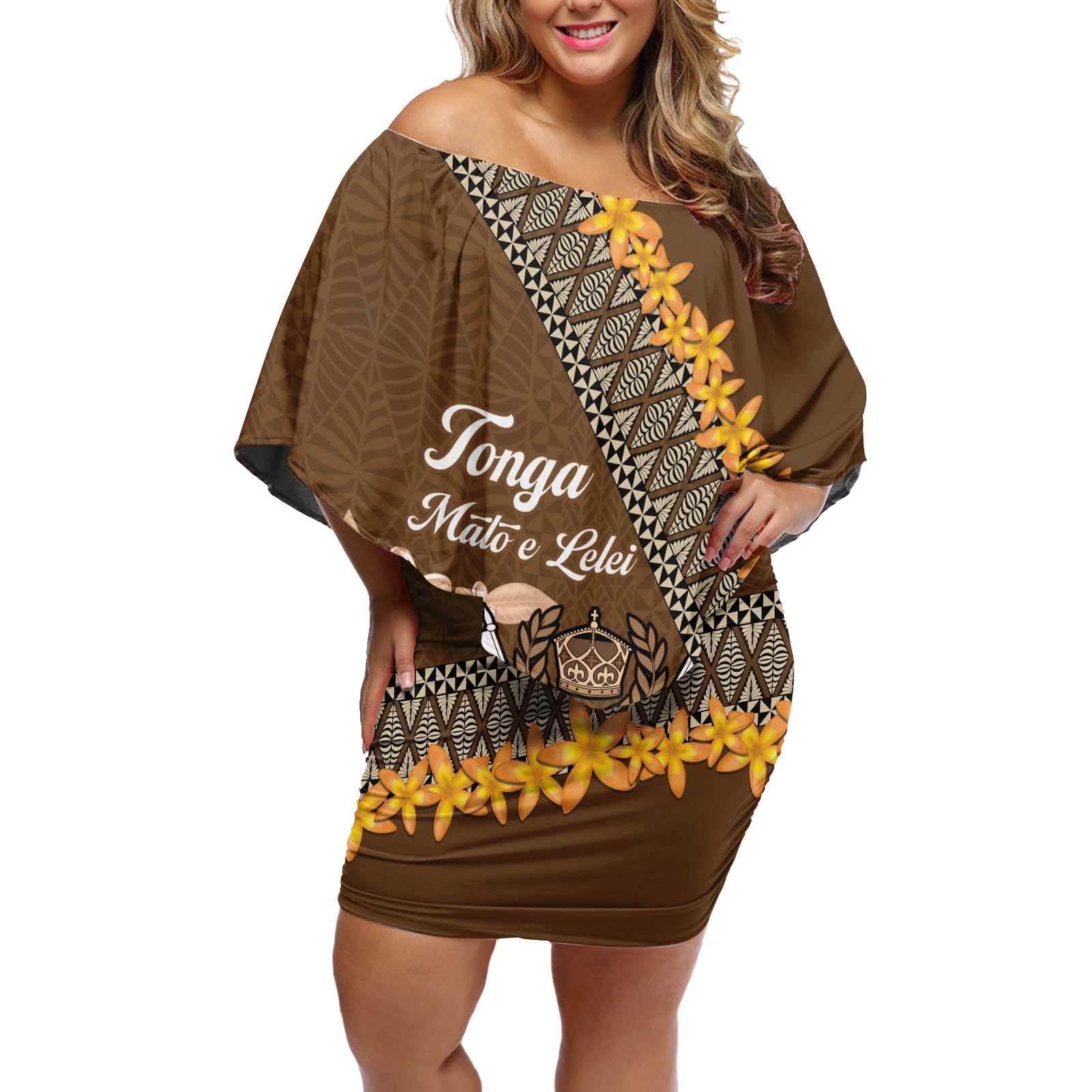 Personalised Tonga Language Week Off Shoulder Short Dress Malo e Lelei Tongan Ngatu Pattern - Brown