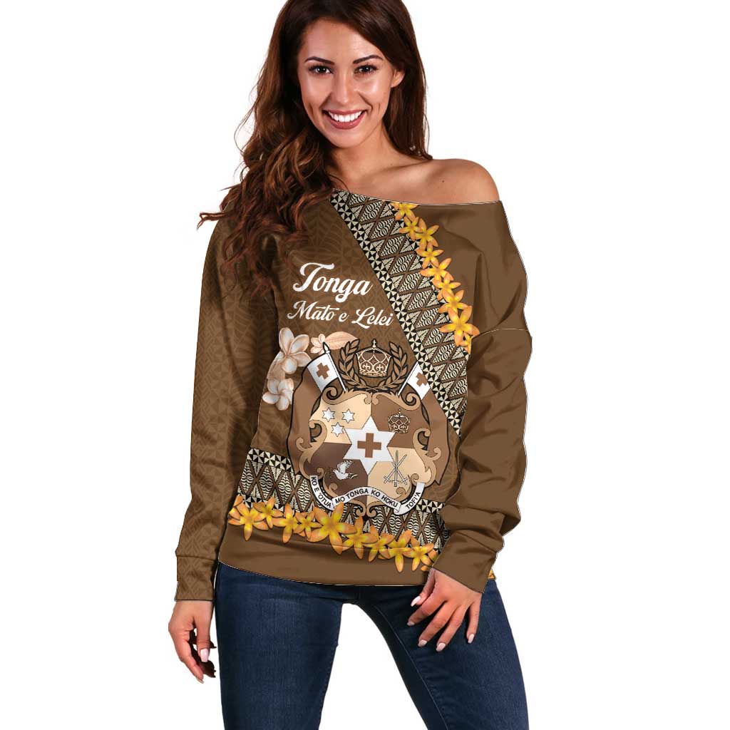 Personalised Tonga Language Week Off Shoulder Sweater Malo e Lelei Tongan Ngatu Pattern - Brown