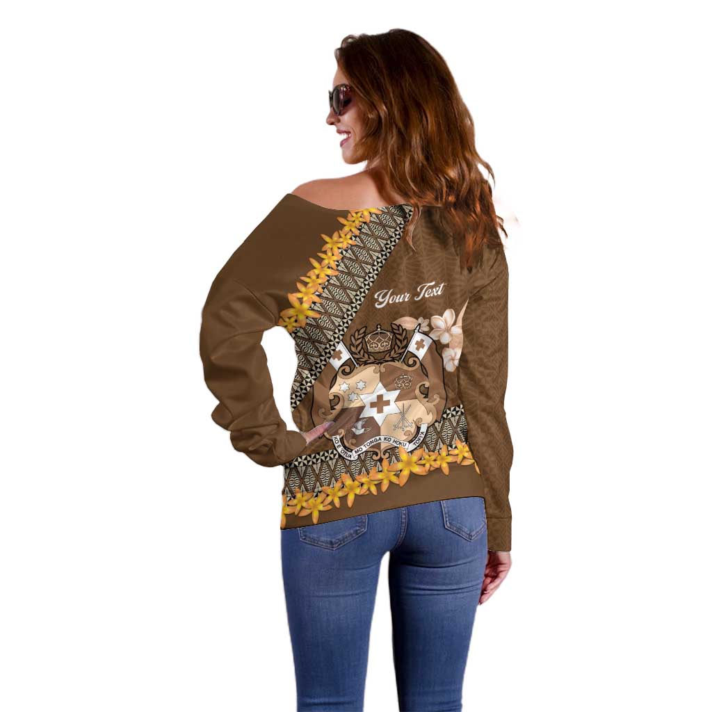 Personalised Tonga Language Week Off Shoulder Sweater Malo e Lelei Tongan Ngatu Pattern - Brown