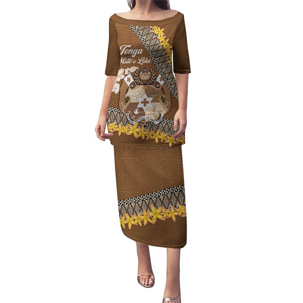 Personalised Tonga Language Week Puletasi Malo e Lelei Tongan Ngatu Pattern - Brown LT14 Long Dress Brown - Polynesian Pride