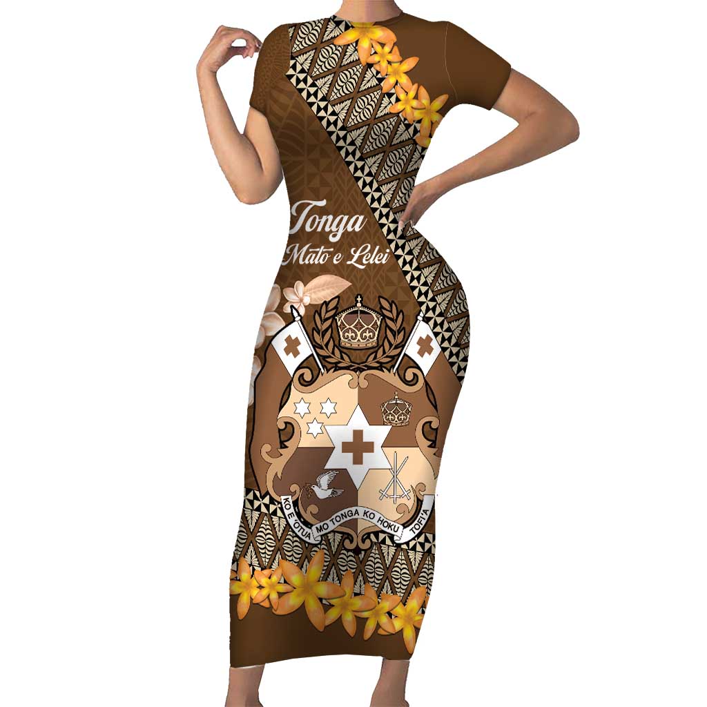 Personalised Tonga Language Week Short Sleeve Bodycon Dress Malo e Lelei Tongan Ngatu Pattern - Brown